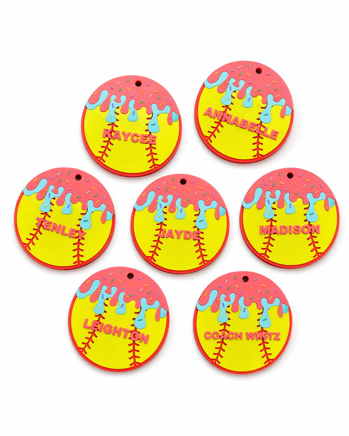 Group of personalized softball bag tags