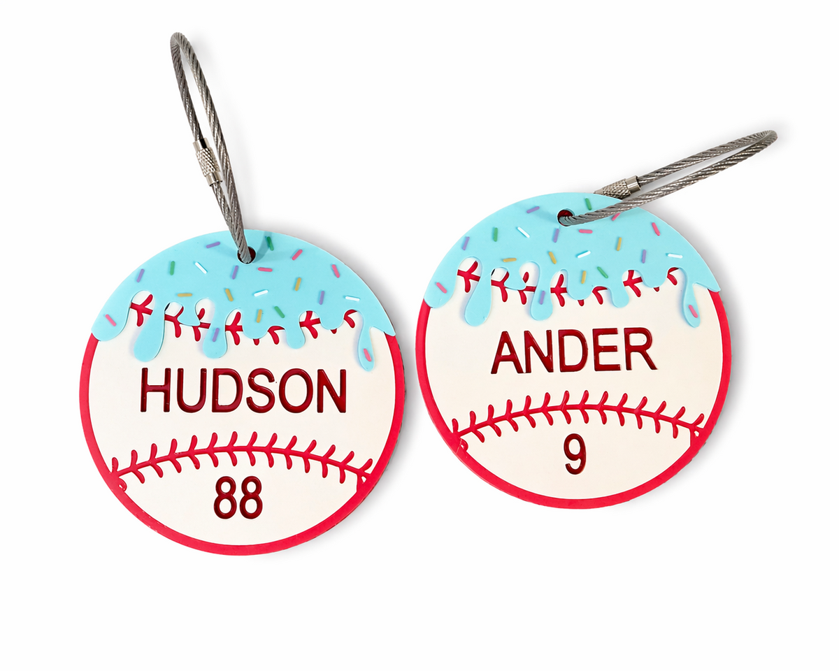 Two personalized baseball bag tags