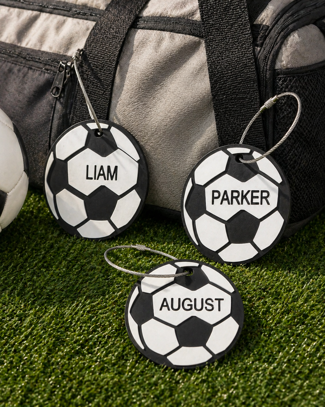 Personalized soccer bag tag with custom player name and number