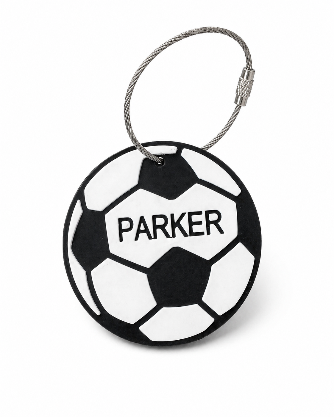 Personalized soccer bag tag shown from a second angle
