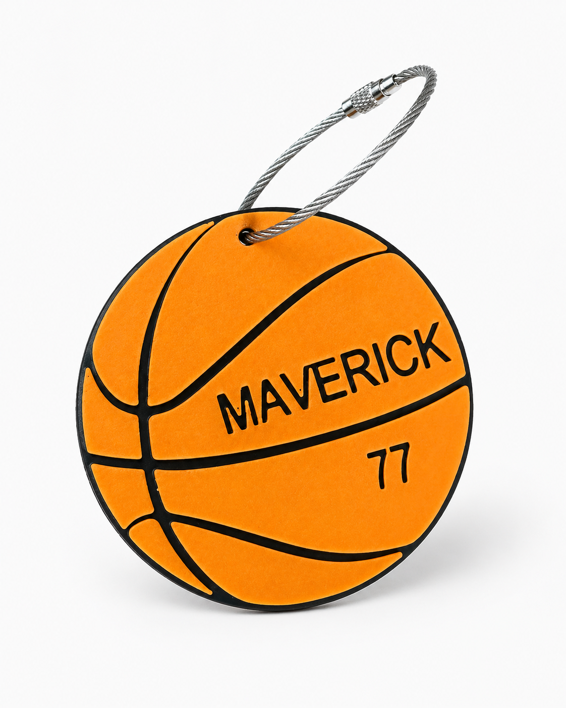 Personalized basketball bag tag shown from a second angle