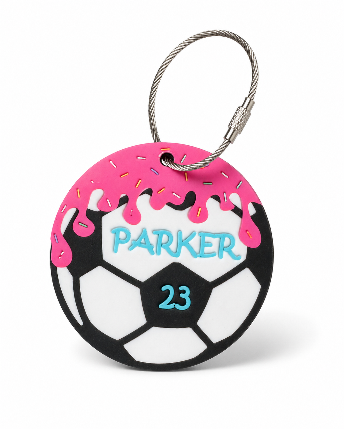 Personalized soccer drip bag tag shown from a second angle