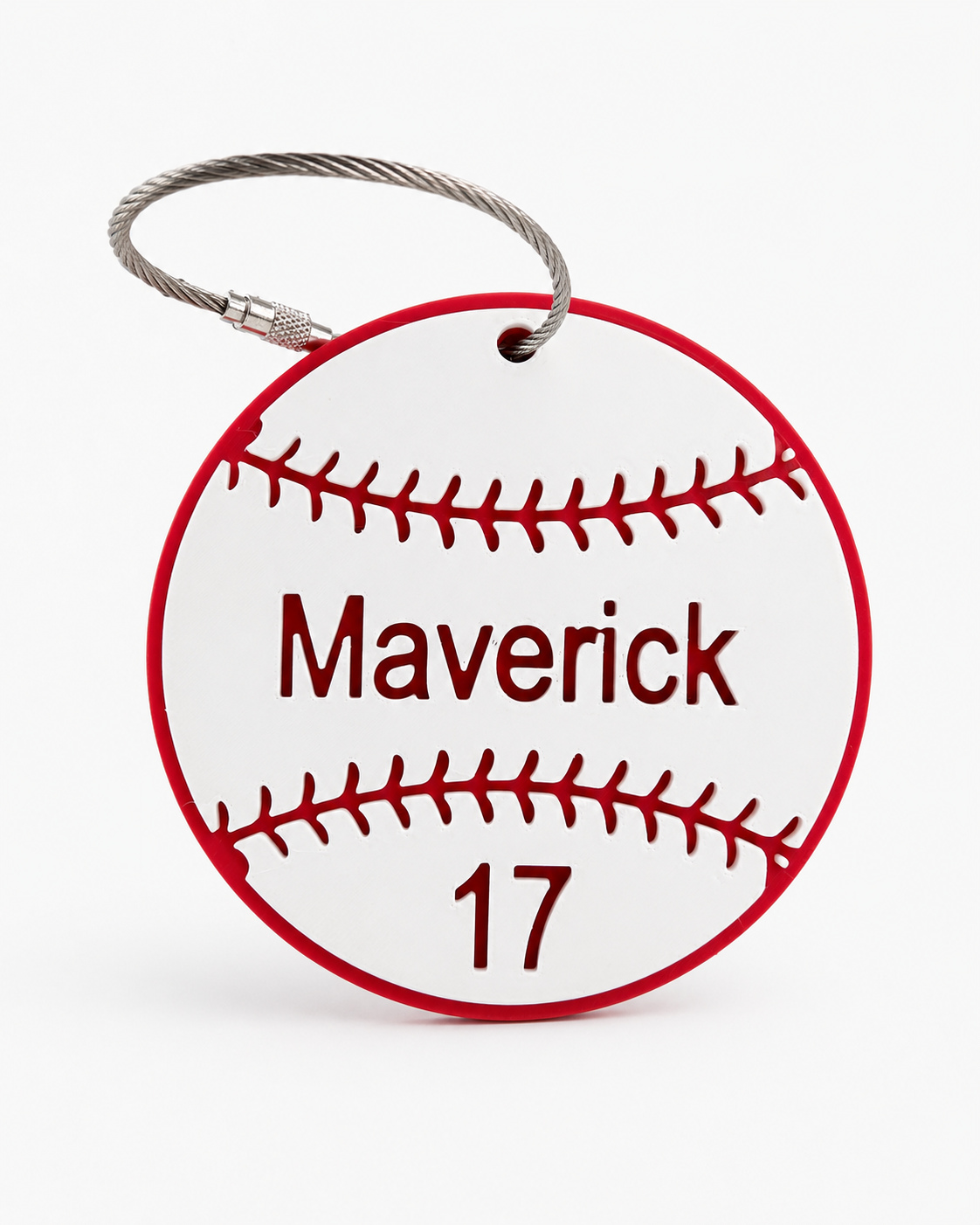 Personalized baseball bag tag shown from a second angle