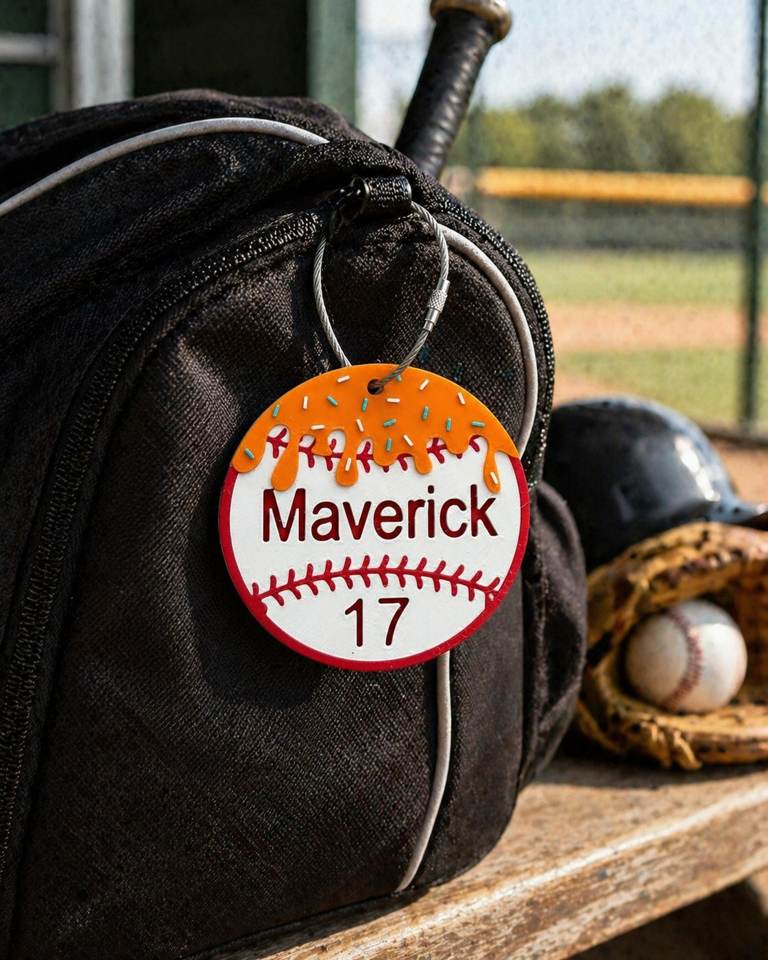 Personalized baseball drip bag tag shown from a second angle