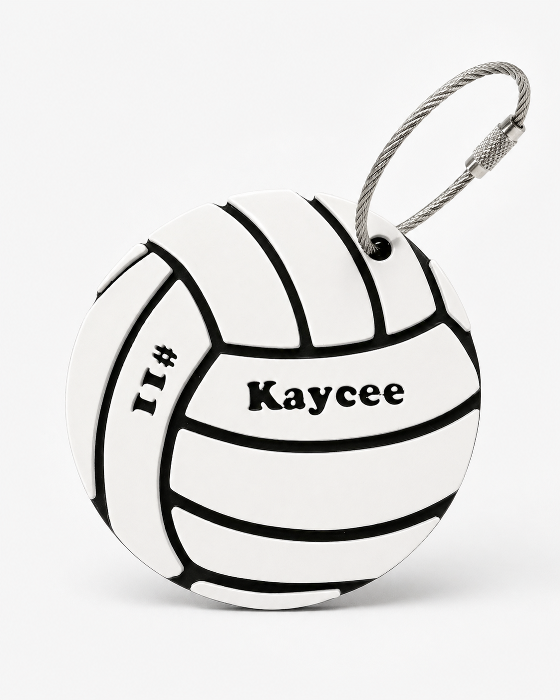 Personalized volleyball bag tag shown from a second angle