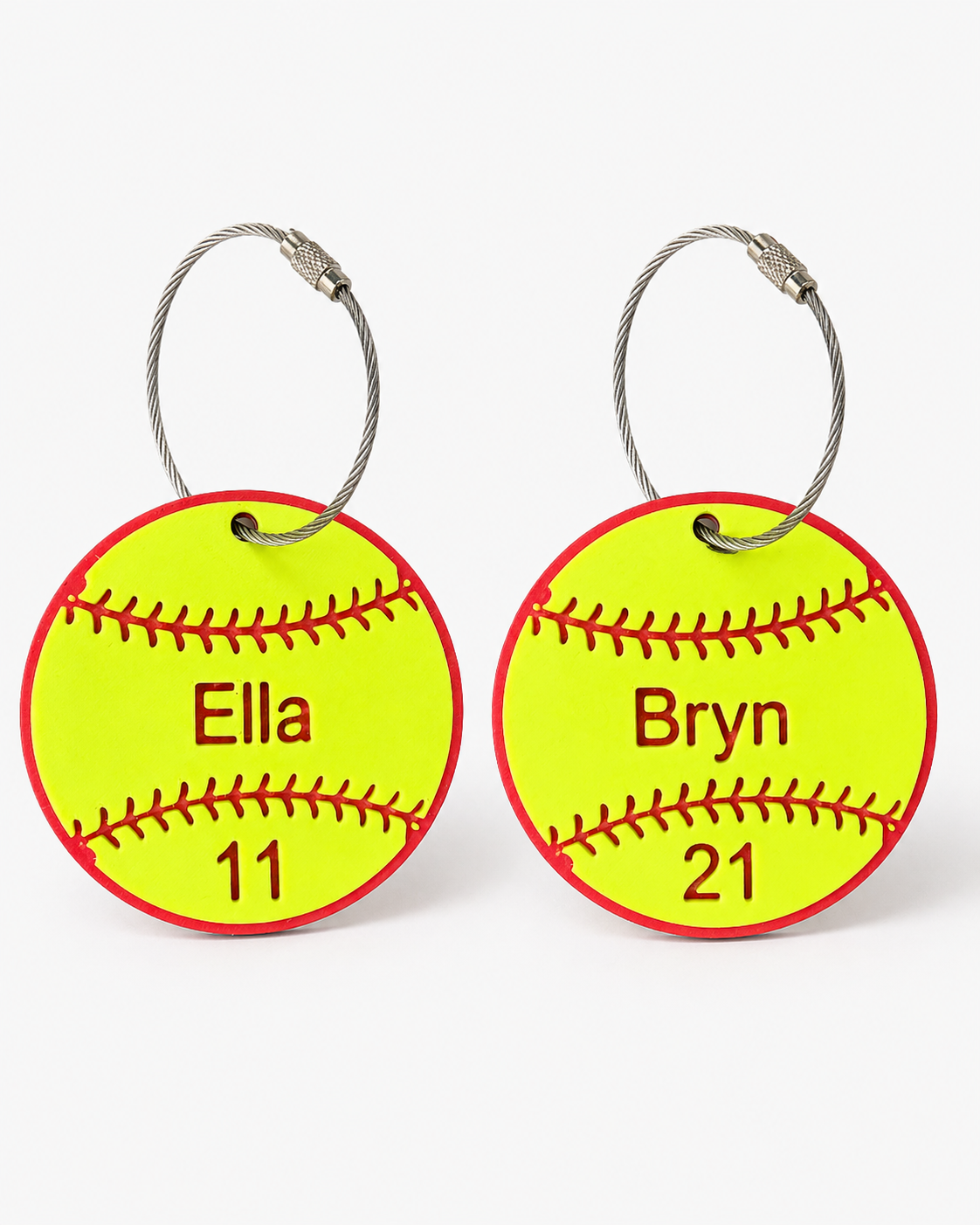 Personalized softball bag tag shown from a second angle