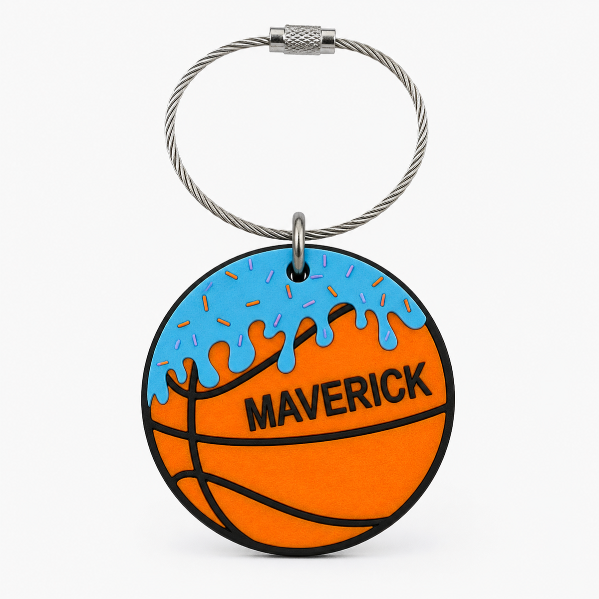 Personalized basketball drip bag tag shown from a second angle