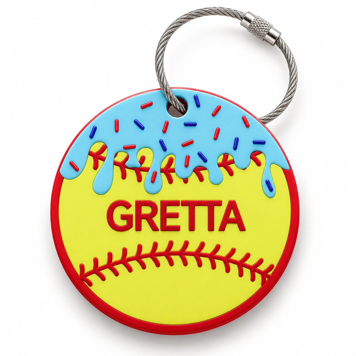 Personalized softball drip bag tag shown from a second angle
