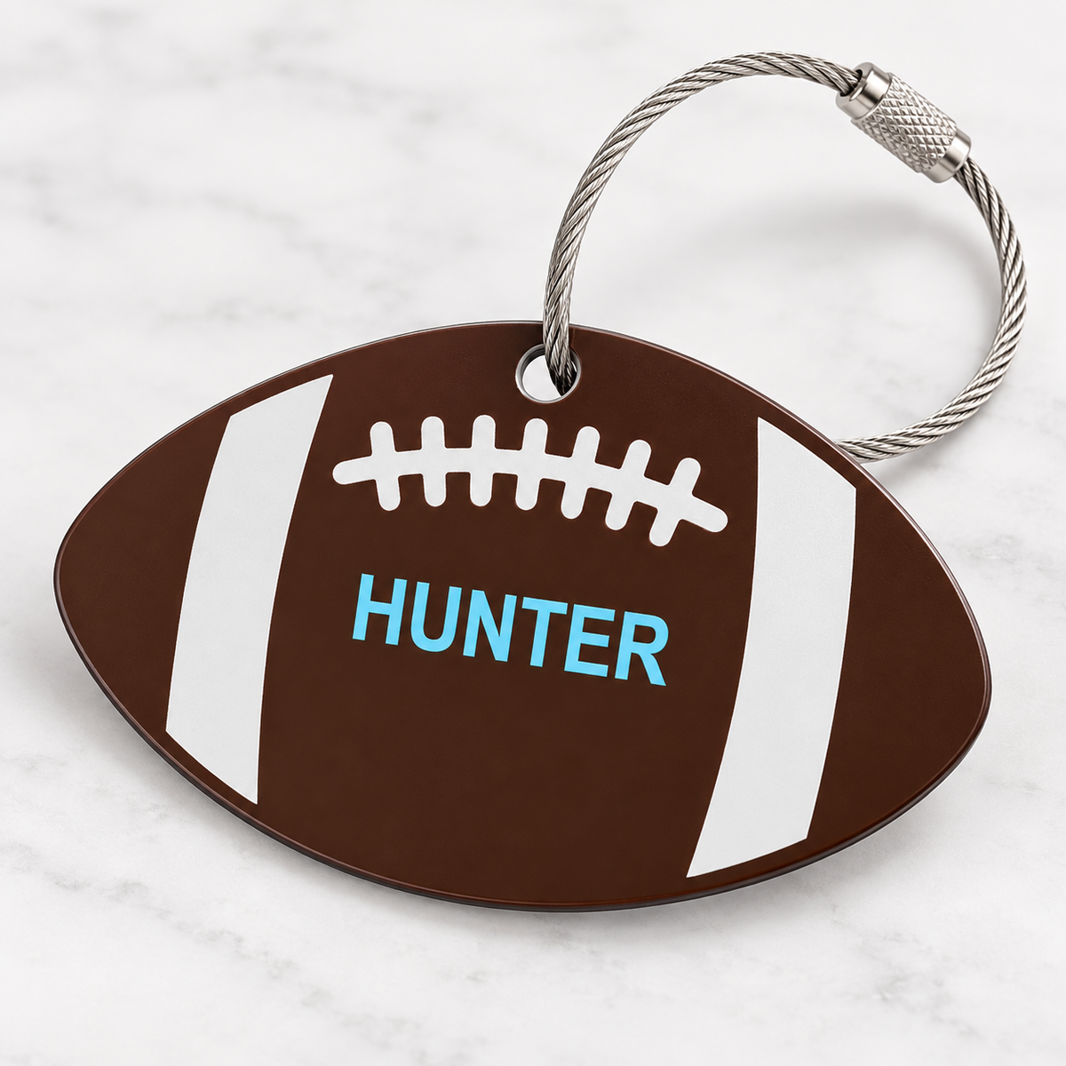 Personalized football bag tag shown from a second angle