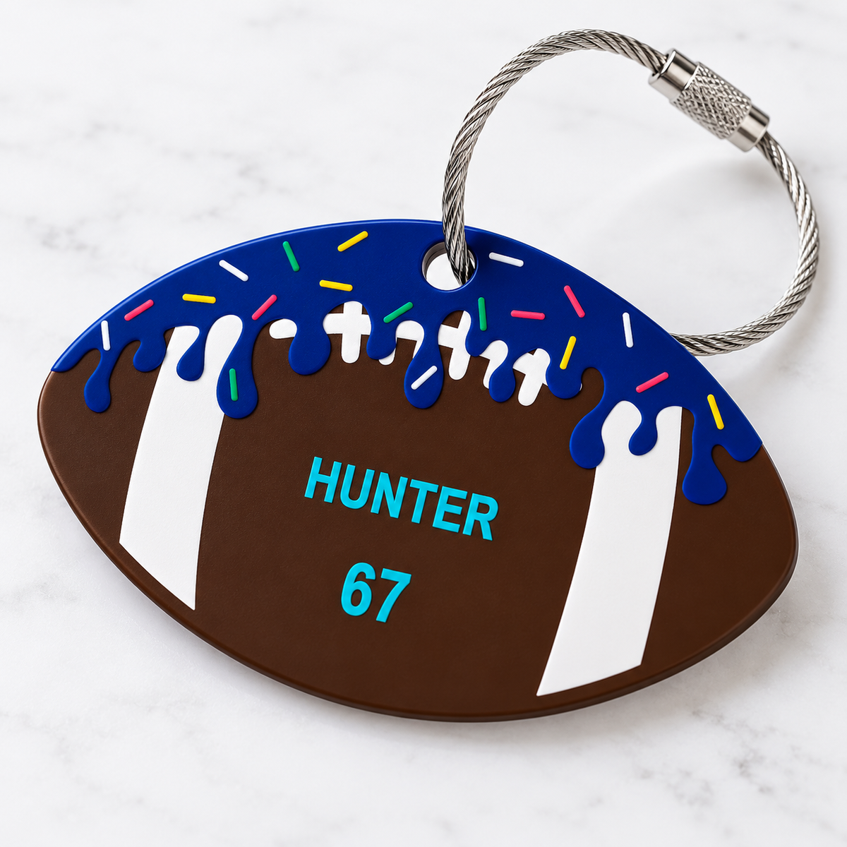 Personalized football drip bag tag shown from a second angle